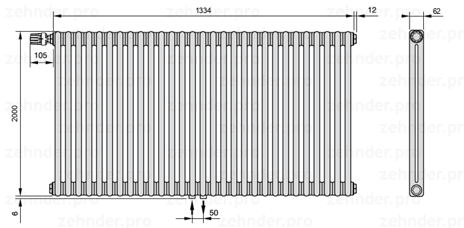 Схема (чертеж) Радиатор Zehnder Charleston 2200/29 №V007 Белый глянцевый RAL 9016